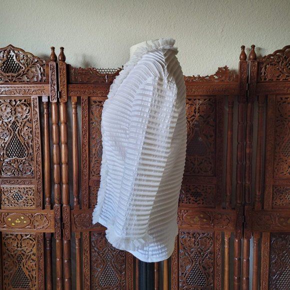 Ruffled Ribbed Sheer Zippered White Blouse - Picture 6 of 15